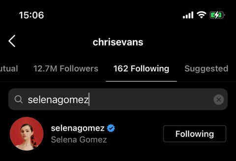 chris evans following selena gomez, but selena not following chris