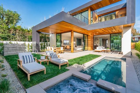 backyard of modern west hollywood home with pool and outdoor seating