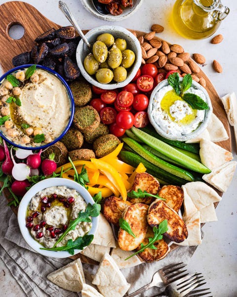 mezze platter with olive oil and dips