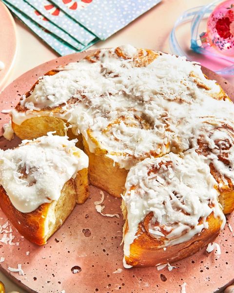 gingerbread spiced cinnamon rolls with coconut frosting