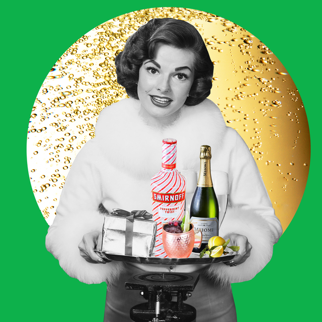 a woman holding a tray of champagne, smirnoff, and a present on a green and gold christmas like background