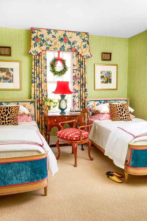traditional guest bedroom with twin beds decorated for christmas