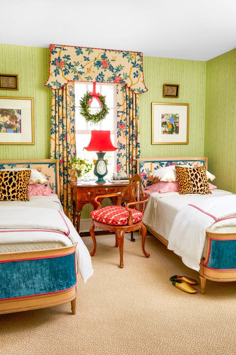 traditional guest bedroom with twin beds decorated for christmas