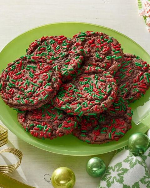 chocolate cake mix cookies with sprinkles on green plate