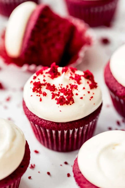 red velvet cupcakes with red crumbs