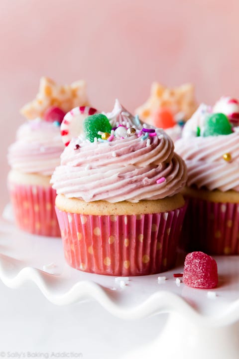 sugar plum fairy cupcakes with gum drops on cake stand