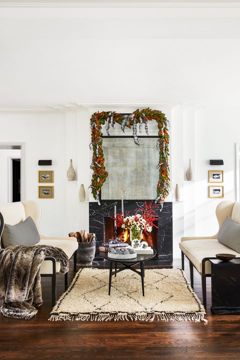 living room decorated for the holidays