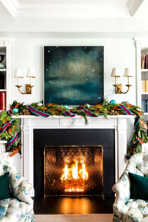 Hearth, Living room, Fireplace, Room, Home, Furniture, Property, Interior design, Christmas stocking, Christmas decoration, 