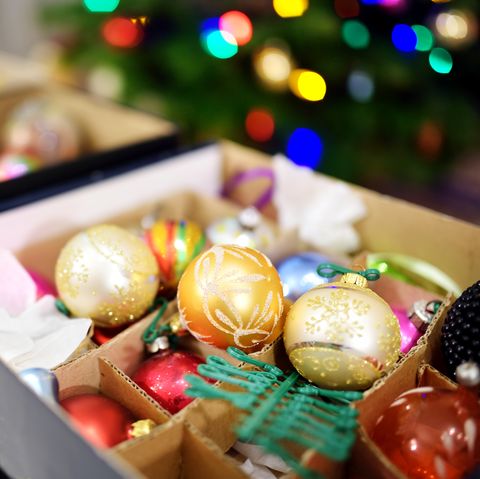 colourful christmas decorations in a boxes