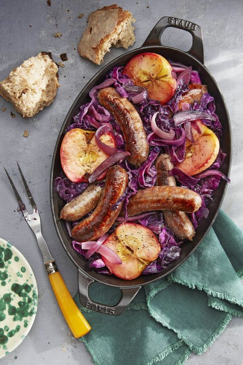 seared sausage with cabbage and pink lady apples