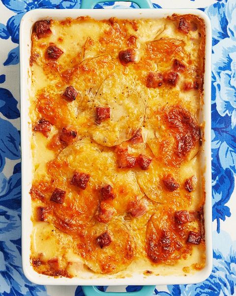 scalloped potatoes and ham with blue background