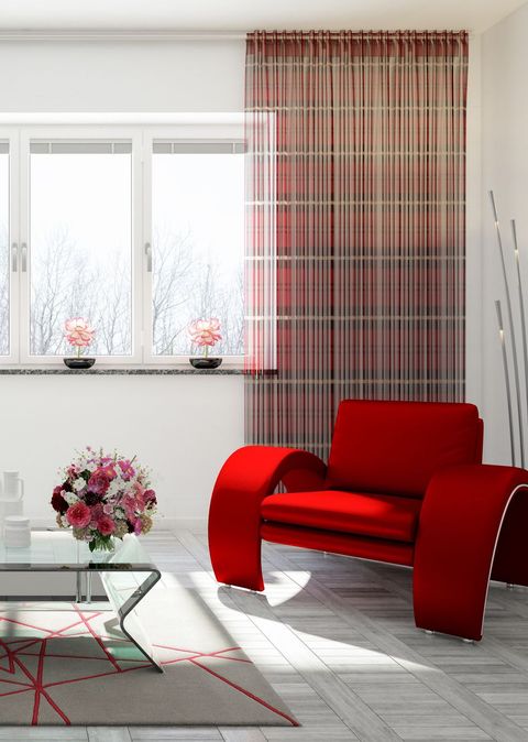 red, furniture, couch, room, interior design, living room, floor, chair, window covering, curtain,