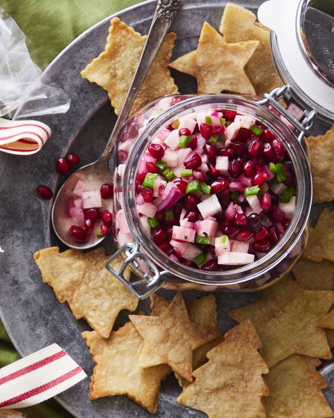 holiday salsa with festive tortilla chips