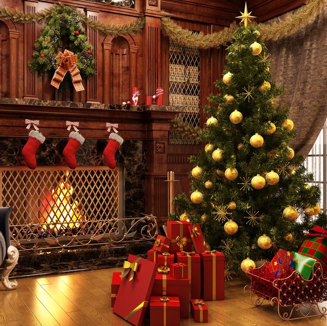 christmas near a beautiful fireplace and a lot of gifts