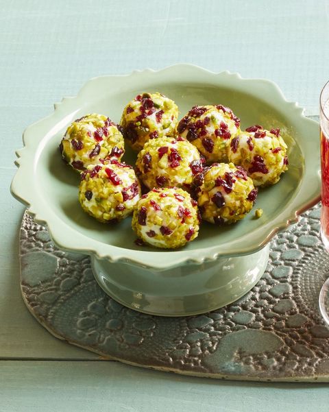 festive goat cheese balls on cake stand
