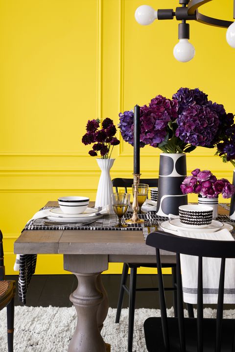 Yellow, Purple, Table, Furniture, Room, Violet, Dining room, Interior design, Coffee table, Material property, 