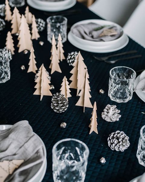 christmas table decorations wooden trees tablescape