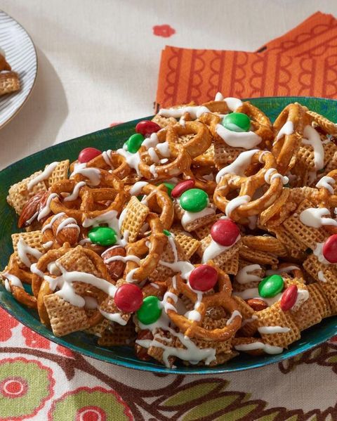 christmas chex mix with red and green candies
