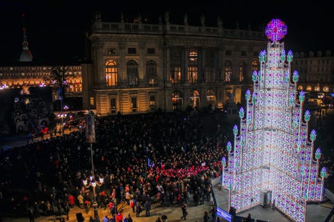 Christmas Tree and advent calendar in Piazza Castello. On...