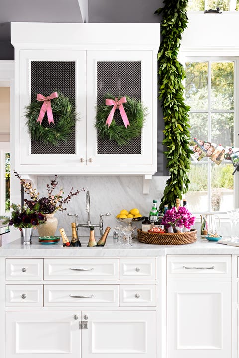 kitchen decorated for the holidays