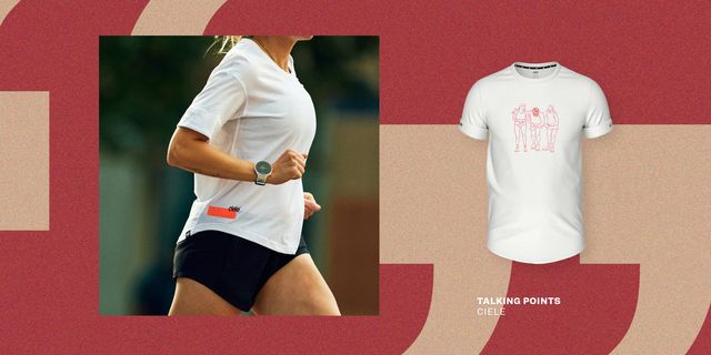 collage of a woman running and a product image of a white ciele tshirt
