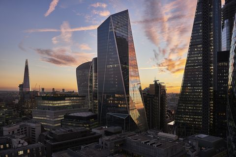 city of london financial district at sunset