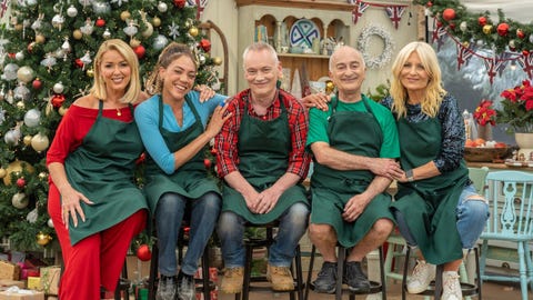 claire sweeney, miquita oliver, terry christian, sir tony robinson and gaby roslin, the great christmas bake off