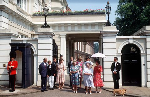 the royal family outside clarence house on the queen mother's 90th birthday
