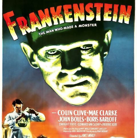 the poster for the classic horror movie frankenstein featuring the monster's face looming over the scientist