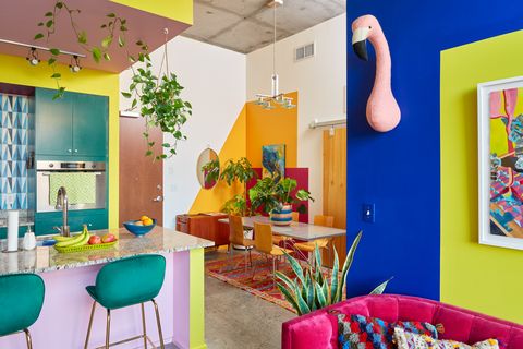 Room, Interior design, Furniture, Living room, Yellow, Majorelle blue, Wall, Building, Table, Ceiling, 