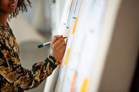 close up of businesswoman writing on whiteboard at workplace