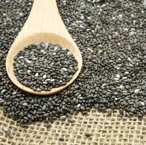 close up of chia seeds in spoon and table