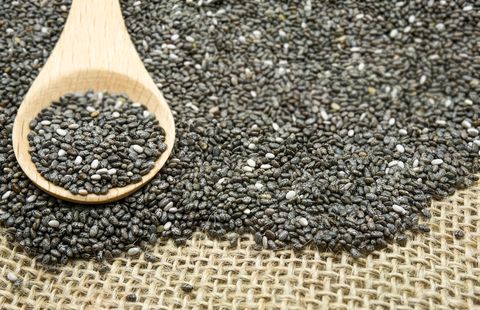 Close-Up Of Chia Seeds In Spoon And Table