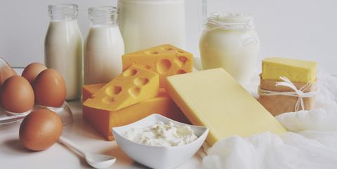Close-Up Of Dairy Products On Table Against White Background
