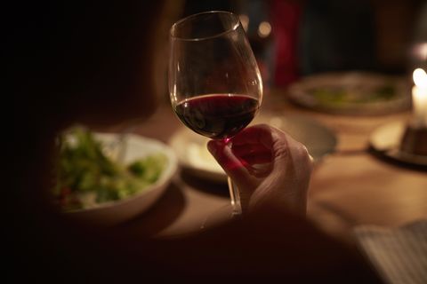 close up of hand holding wine glass, at late dinner