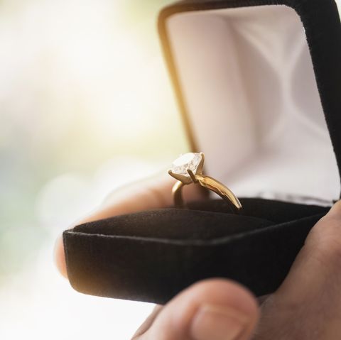 Close up of mans hand holding open box with engagement ring
