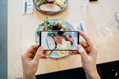 Close up of woman's hand taking a photo of fresh breakfast with smartphone