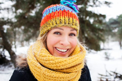 Close up portrait of woman in wooly hat and scarf in winter