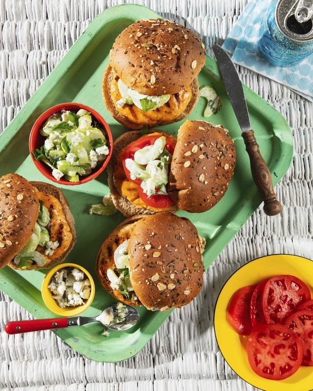 turkey burgers with blue cheese–celery slaw