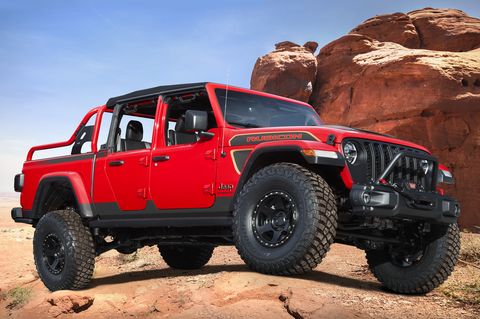 the jeep® red bare gladiator rubicon concept builds on the passion and enthusiasm of jeep suv owners who spend countless hours creating customized looks and modifications to their trusty off roading vehicle red bare is powered by the turbocharged 30 liter ecodiesel v 6 engine, rated at 260 horsepower and 442 lb ft of torque, and delivers an impressive 911 crawl ratio to tackle moab's toughest trails