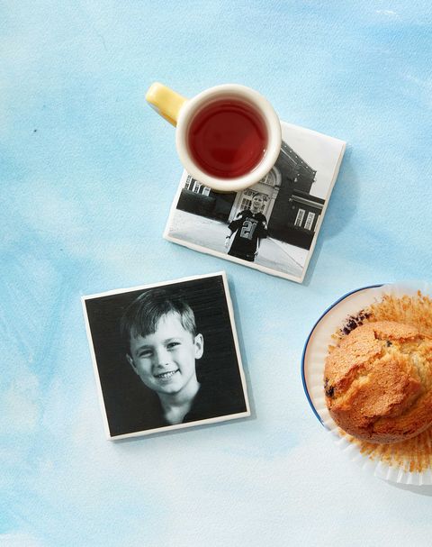 Photo coasters with a mug of tea and muffin