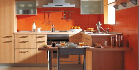 Countertop, Cabinetry, Furniture, Kitchen, Room, Orange, Property, Interior design, Cupboard, Kitchen stove, 