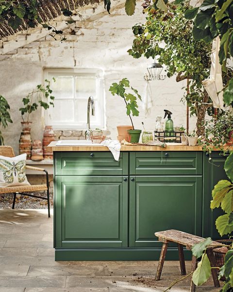 cocina con muebles verdes y plantas