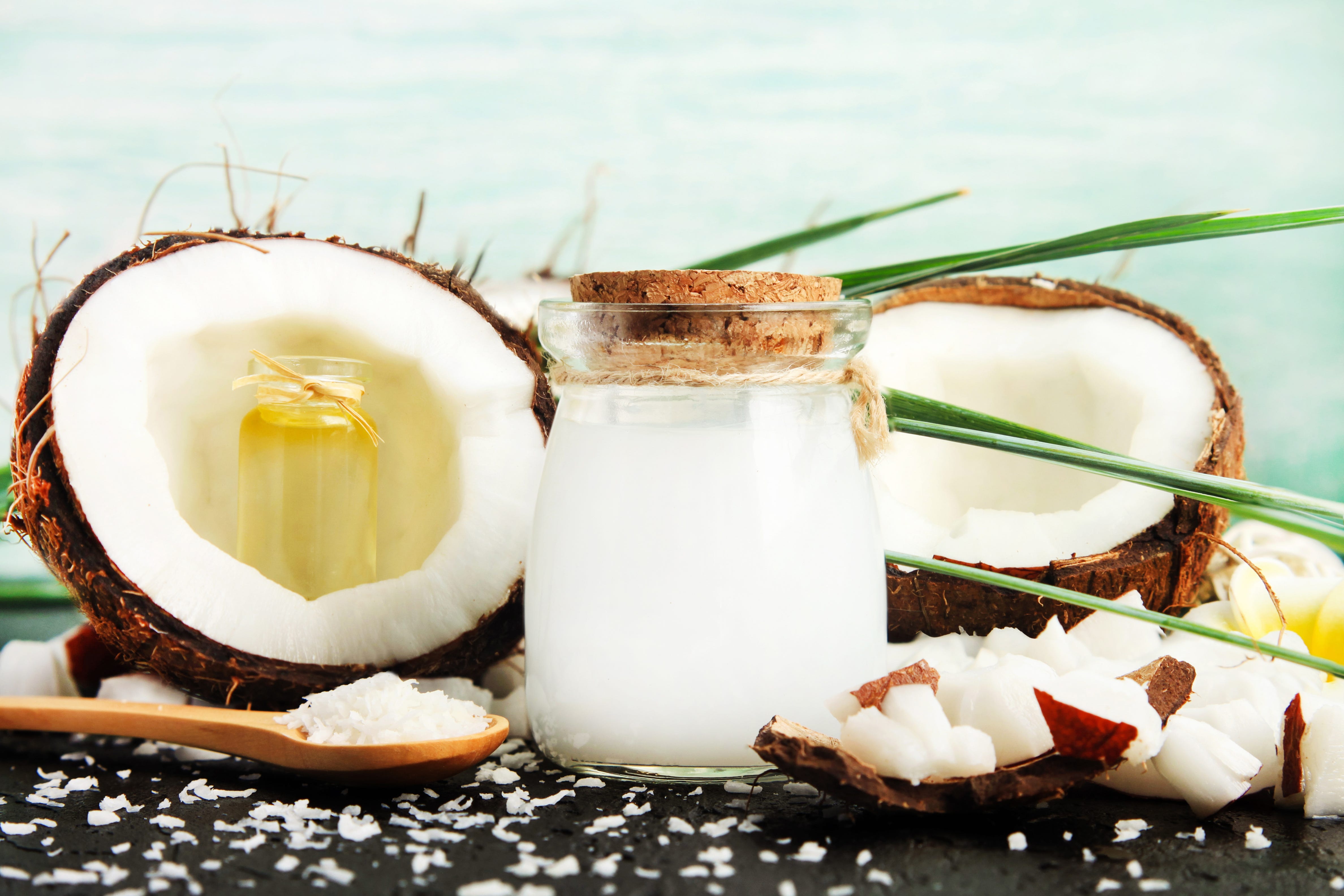 barattolo di vetro di latte di cocco con noci e bottiglie di olio, scaglie di cocco fresco