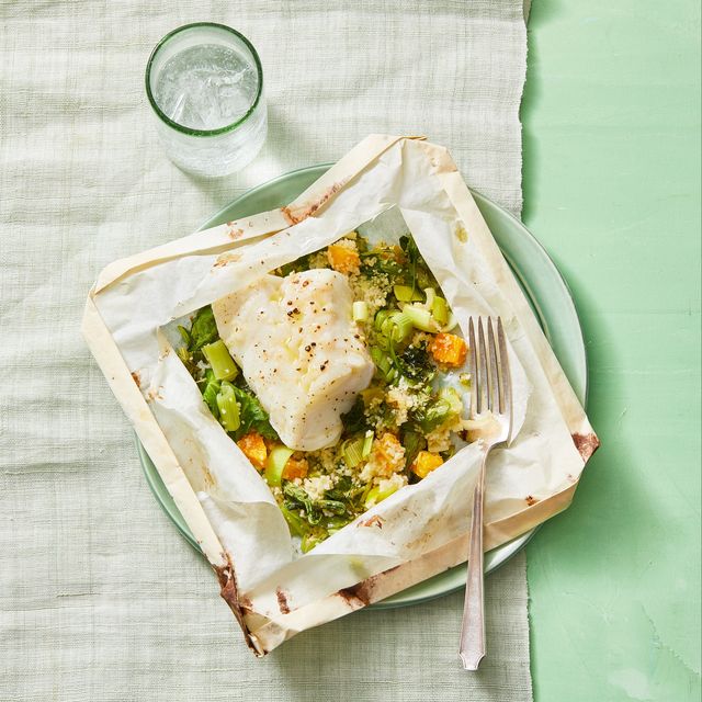 cod in parchment with orange and leek couscous