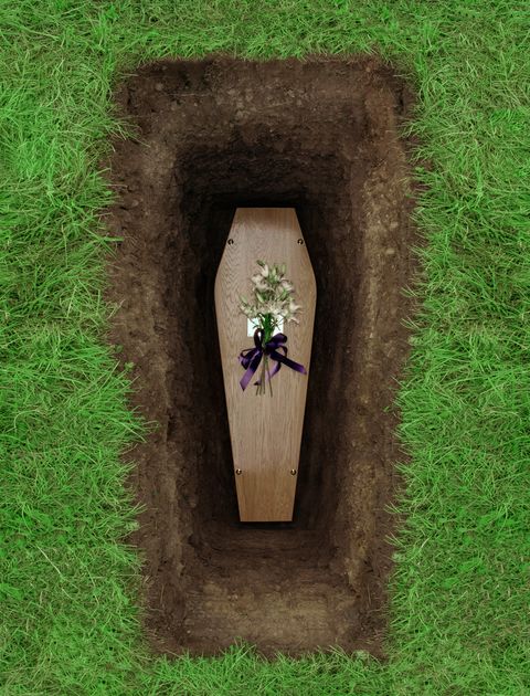Coffin in grave, overhead view
