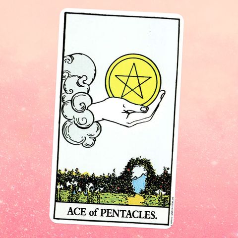 the tarot card the ace of coins, showing a giant disembodied hand emerging from a cloud and holding a coin with a pentacle on it