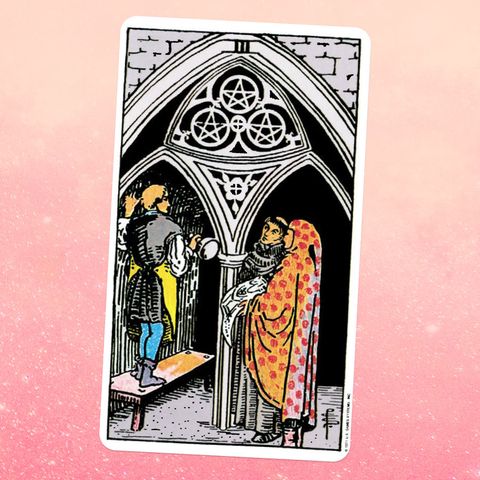 the three pieces tarot card, showing three people inside an arch, one standing on a bench and the other two looking at them a star shaped three piece pattern can be seen at the top of the 'ark