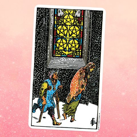 the tarot card for the five pieces, showing two people walking through a snowstorm in the background, a stained glass window shows five pieces in the shape of a pentacle insdie eadh