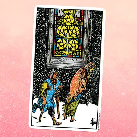 la carta del tarot para el cinco de monedas, que muestra a dos personas caminando a través de una tormenta de nieve en el fondo, una vidriera muestra cinco monedas con forma de pentáculo insdie eadh